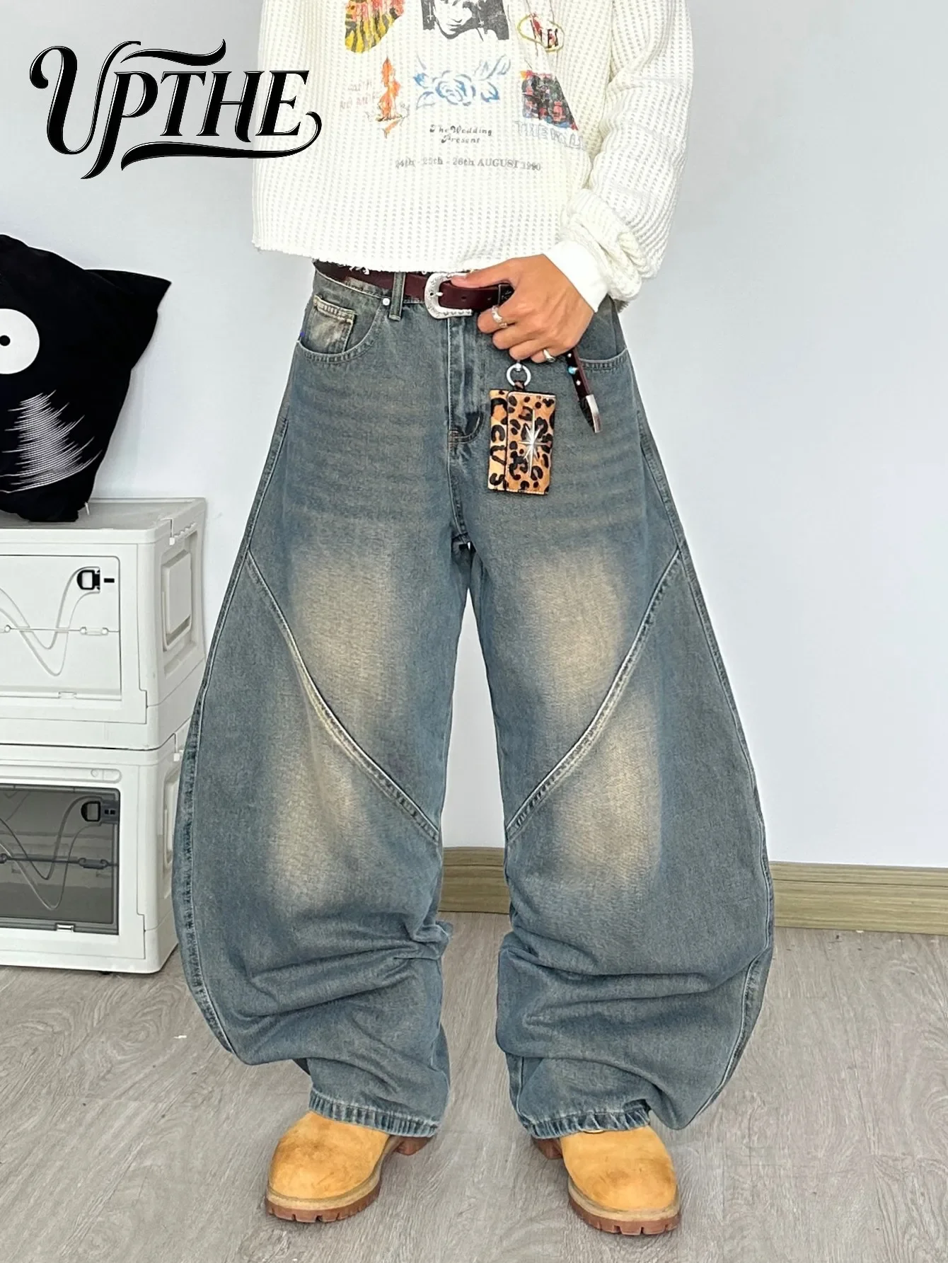 UP.THE Men Vintage Washed Baggy Wide Leg Jeans, Y2K Hip Hop High Street Loose Oversized Denim Pants, Patchwork Seam Streetwear Trousers for Street Activities