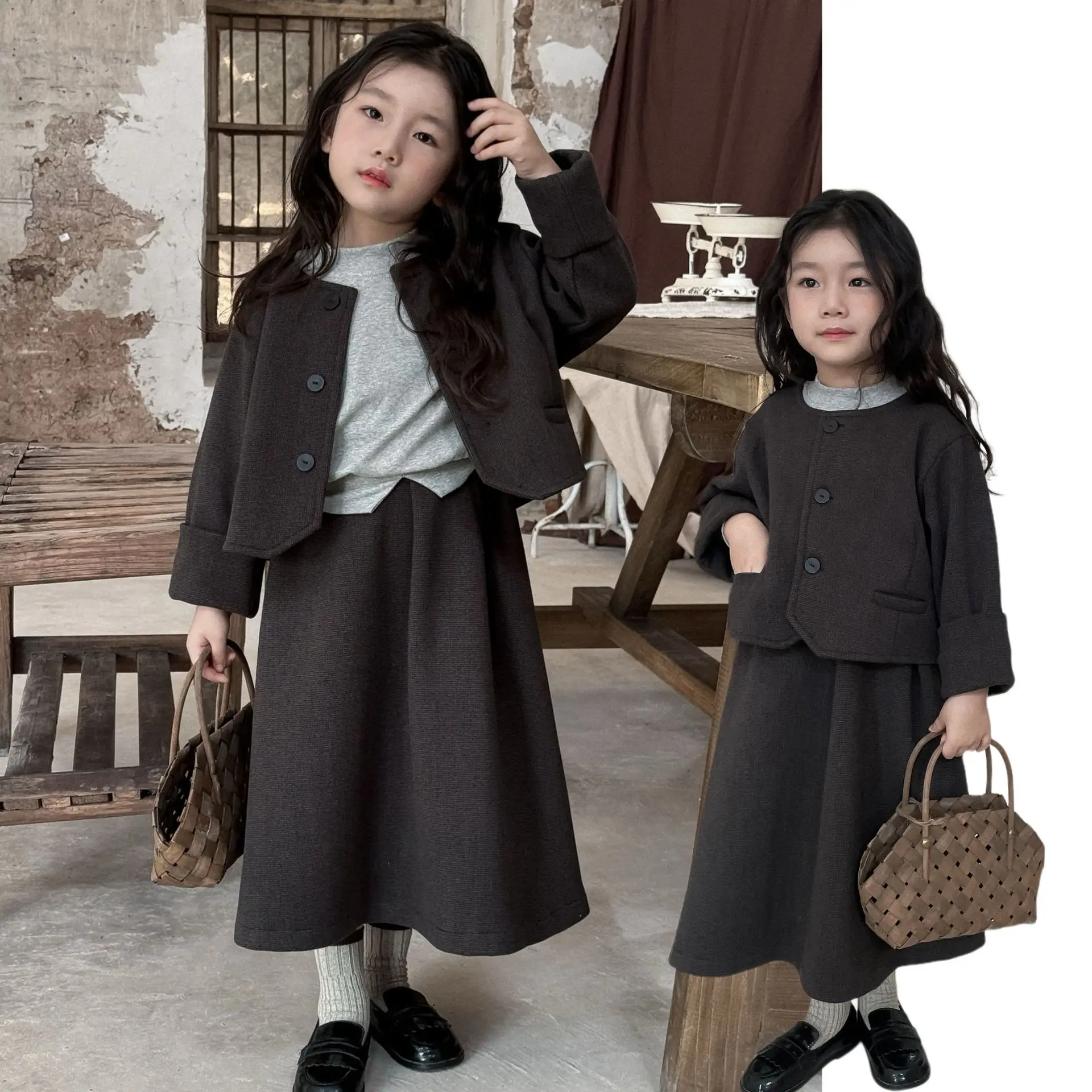 

Girls Suits Children 2024 New Autumn Winter Collection Wool Coat and Skirt Two-piece Set Clothes Korean Simple Style Suits