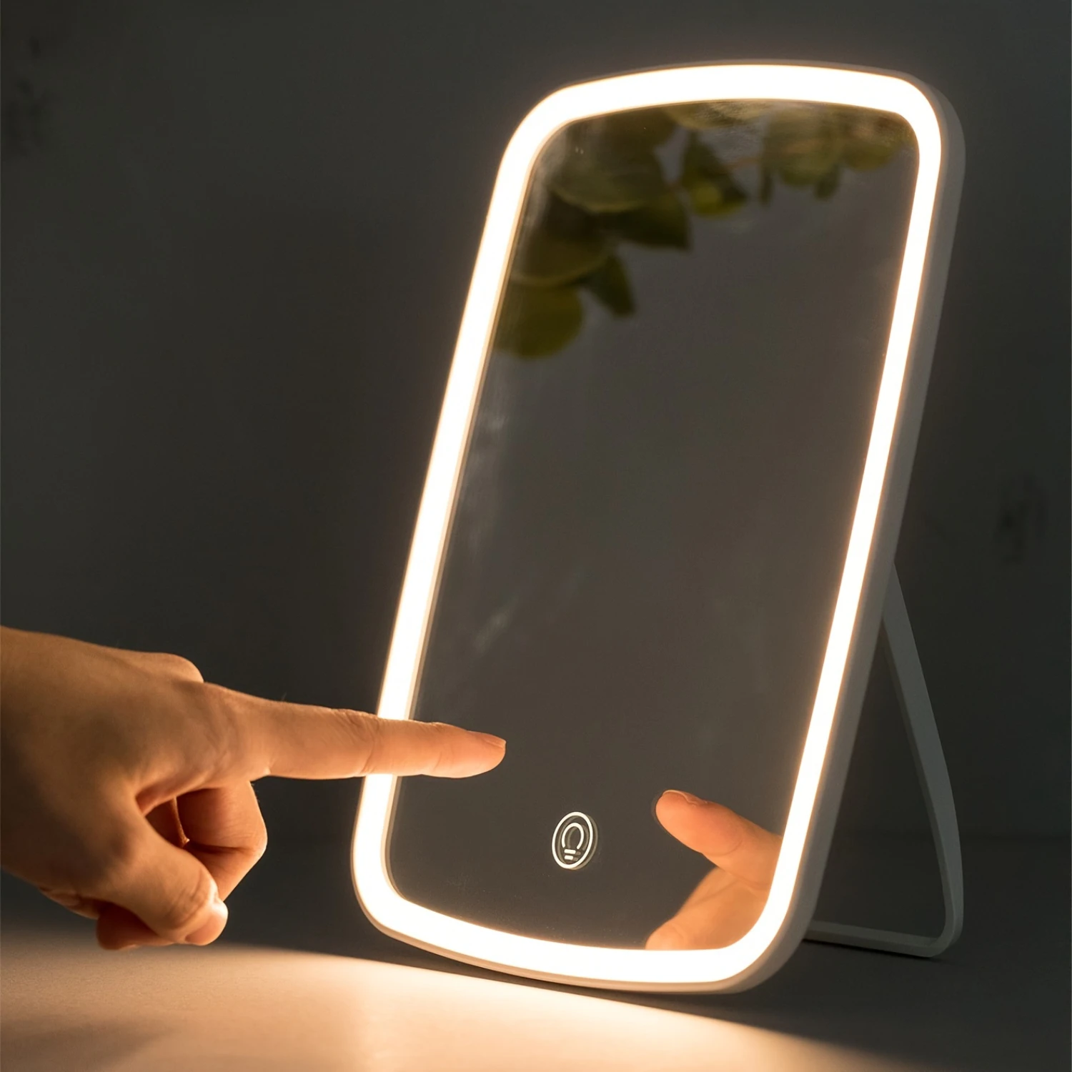 

Portable USB Rechargeable Makeup Mirror with LED Lighted Touch Screen, Adjustable Rotation, 3 Color Lighting Modes - Perfect Gif