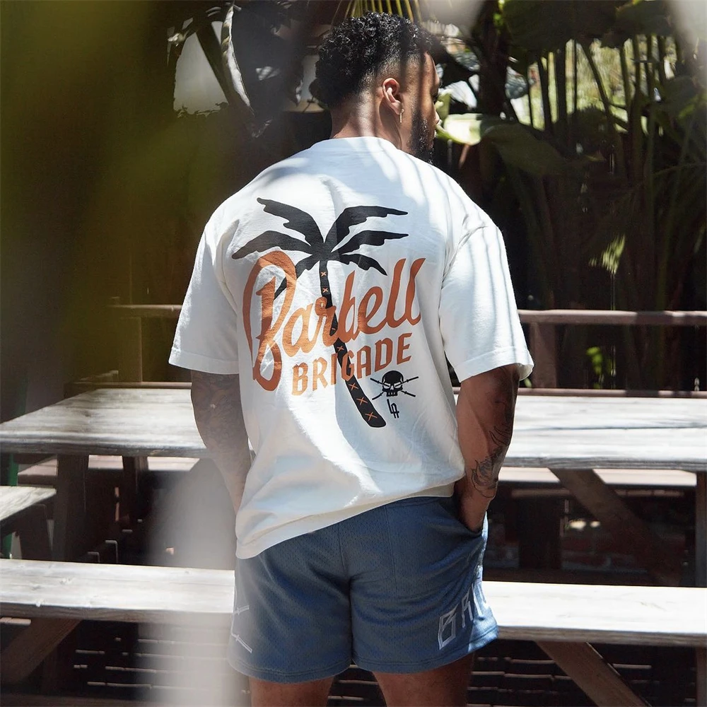 

Barbell Palm Skull Print Cotton Gym Shirt Sport Vacation T Shirt Men Short Sleeve Workout Training Fitness Loose Unisex Tee Tops