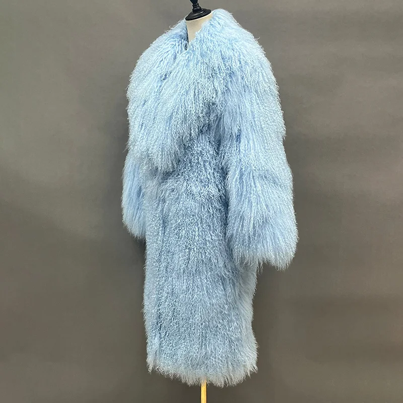 Customized Size Genuine Mongolian Fur Wool Trench Long Coat Lady Men Autumn Winter Long Outerwear S6424