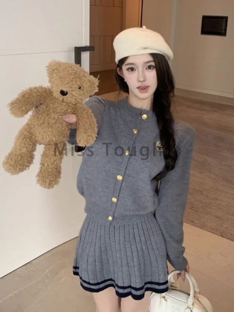 Preppy Style Elegant Knit Skirt Suit Women Sweet Red Long Sleeved Sweater Pleated Skirt Fashion New Two Piece Set Autumn Winter