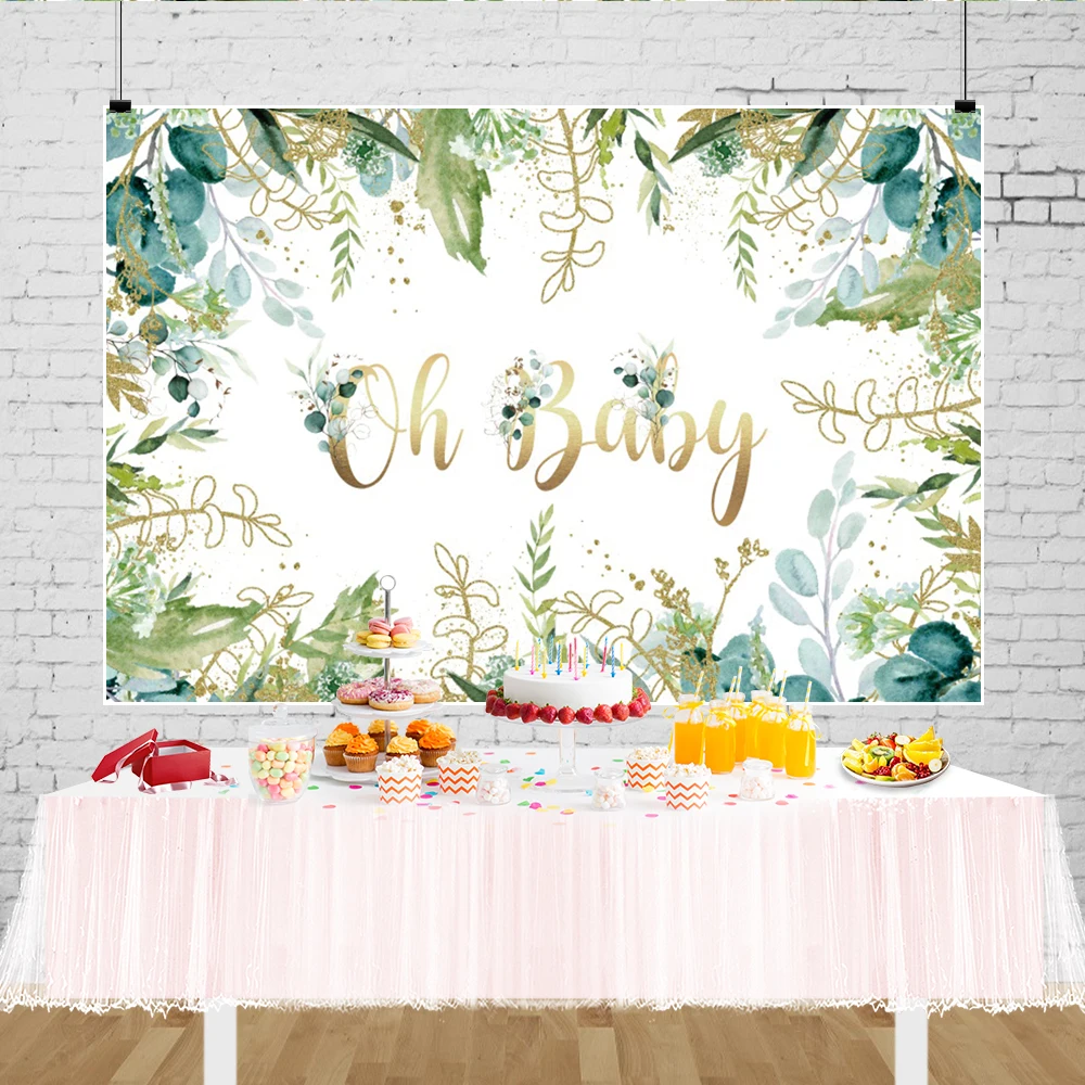 Oh เด็กฉากหลังสำหรับ Baby Shower สีเขียวป่าเพศ Neutral Gold สีเขียวใบตกแต่งภาพพื้นหลังที่กำหนดเอง