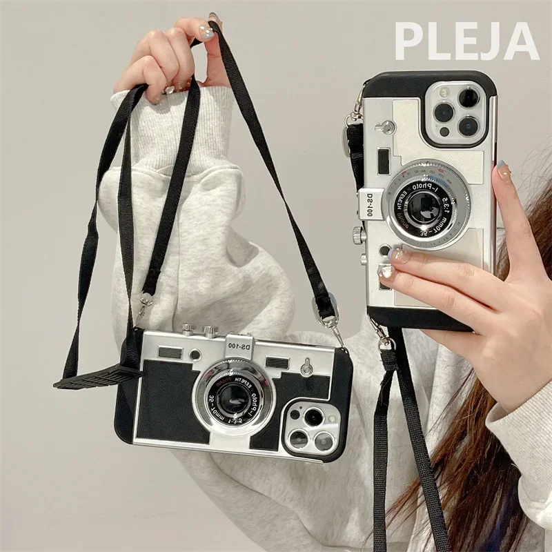 Fashion Crossbody Strap 3D Camera Phone Case For iPhone 16 15 Pro 14 Plus 11 13 12 Pro Max X  XRCover Cute Soft Protective Cases