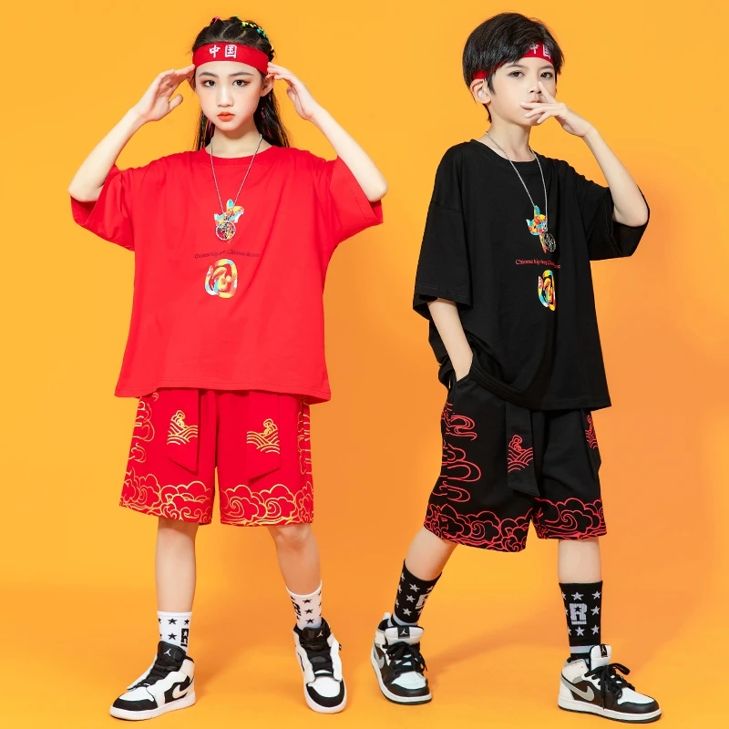 

Summer Kids Chinese Style Hip Hop Clothing Print Oversized T Shirt Top Casual Shorts Girl Boy Street Wear Child Dancing Costume