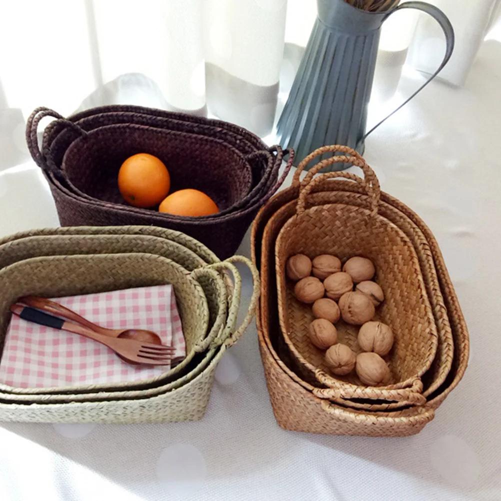 

Grass Weaving Storage Basket Strong Durable Large Hand-Woven Rattan Snack Box for Home Kitchen Living Room Fruit Flower Picnic