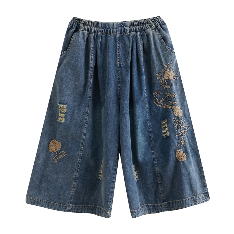 Plones vaqueros de talla ande de pierna ancha para mujer, novedad de verano, hoados, bordados, longitud 7/8, falda ve...