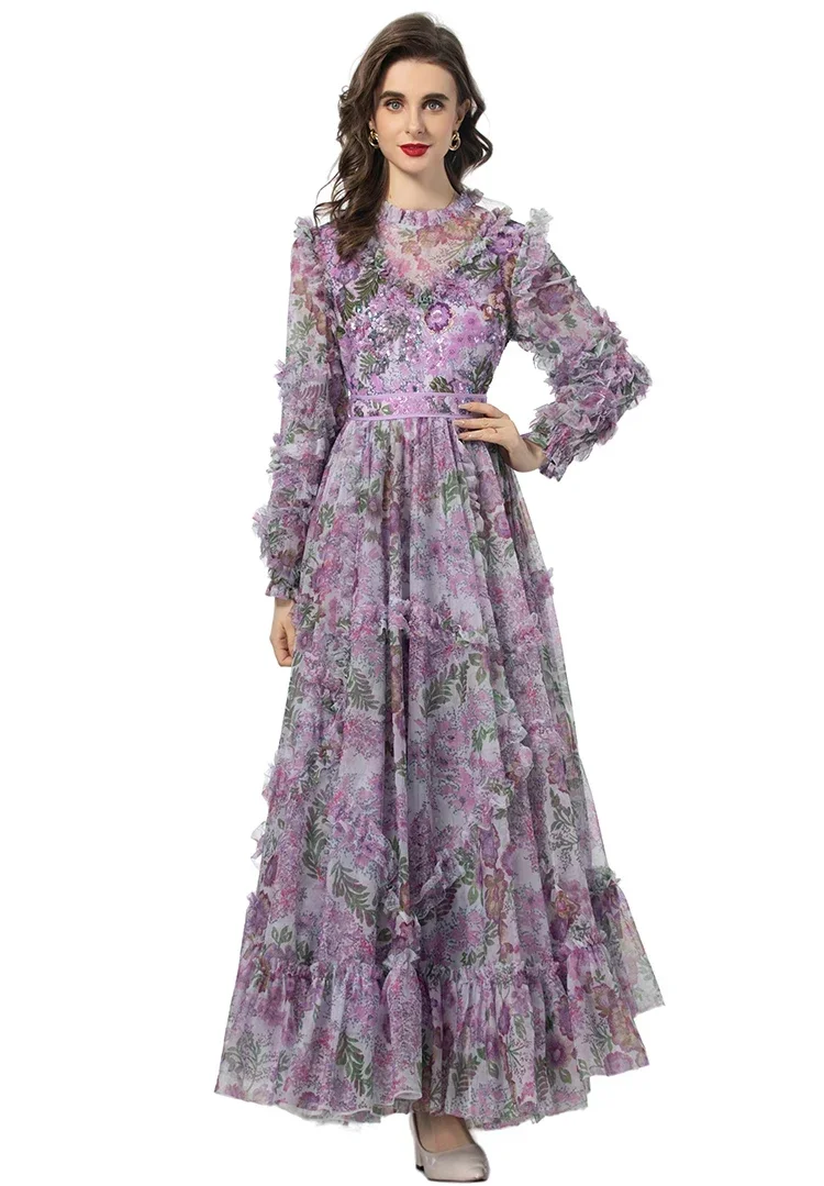 

Summer High Quality Arrivals Women Dress Vintage Gorgeous Floral Print Sequins Embroidery Net Yarn Dresses