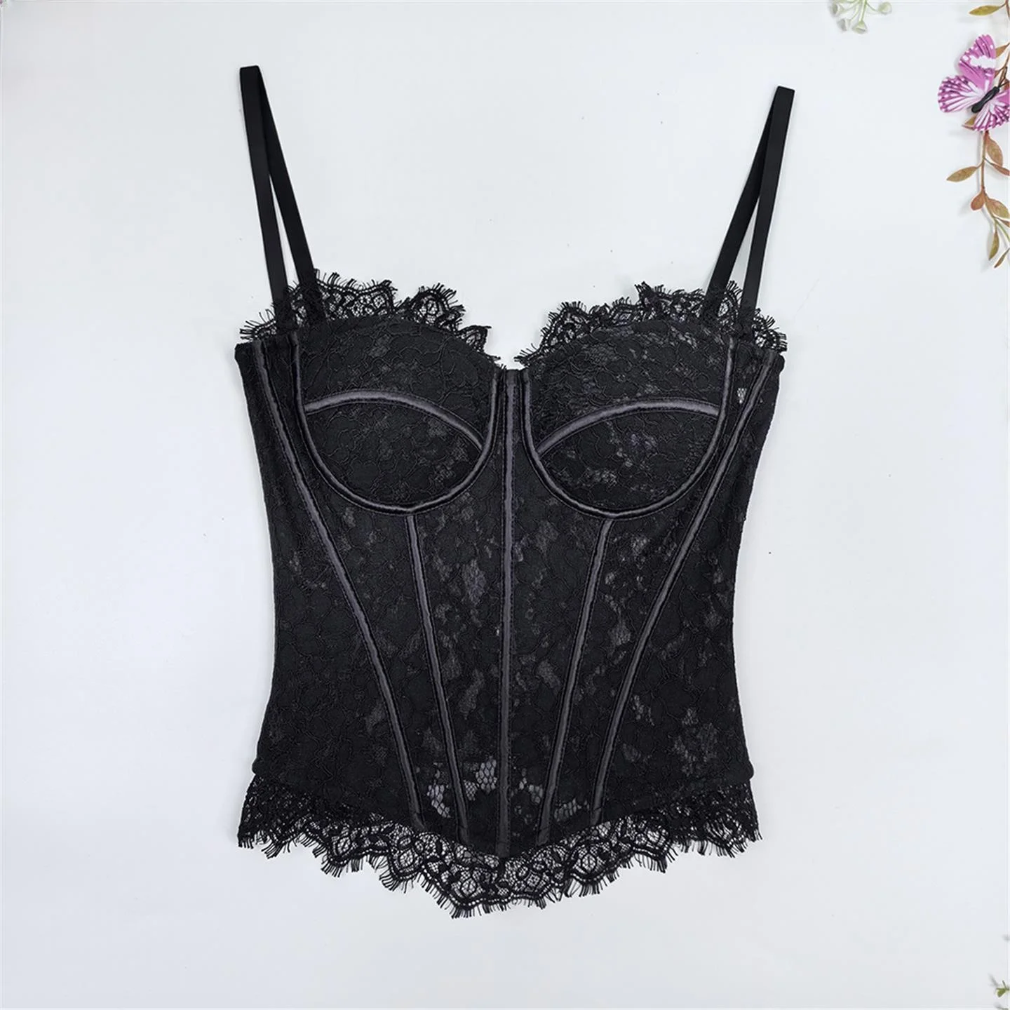 Lace Trim Knitted Close-Fitting Top Women's Holiday Strap Bralette Fishbone Inner Wear European Style Polyester Fabric