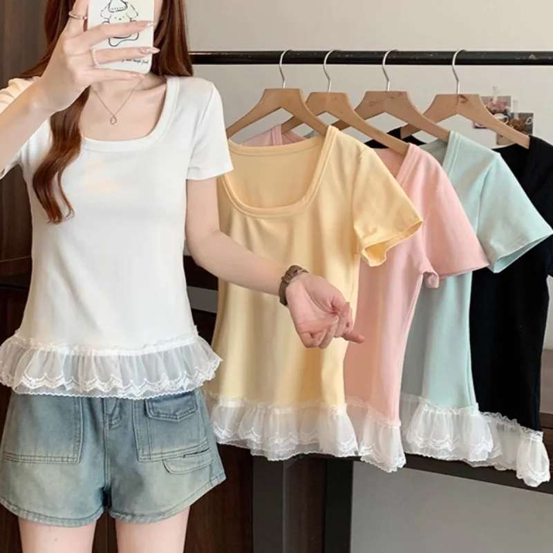 Slimming Lace Trim Short Sleeve Square Neck T-Shirt Women's 2025 Summer New Conceal Meat Leaf Top Korean Sle Loose