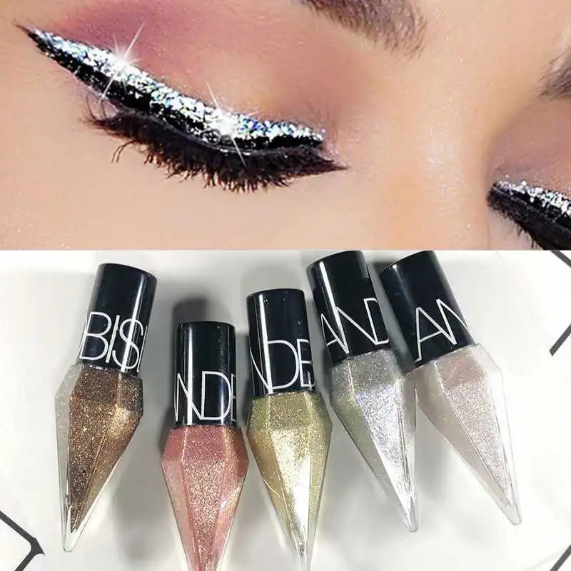 Sombra de ojos Diamante nacarado Sombra de ojos Líquido Lentejuelas de 5 colores Maquillaje Suave Mini pincel fino Delineador de ojos Brillo y cabeza