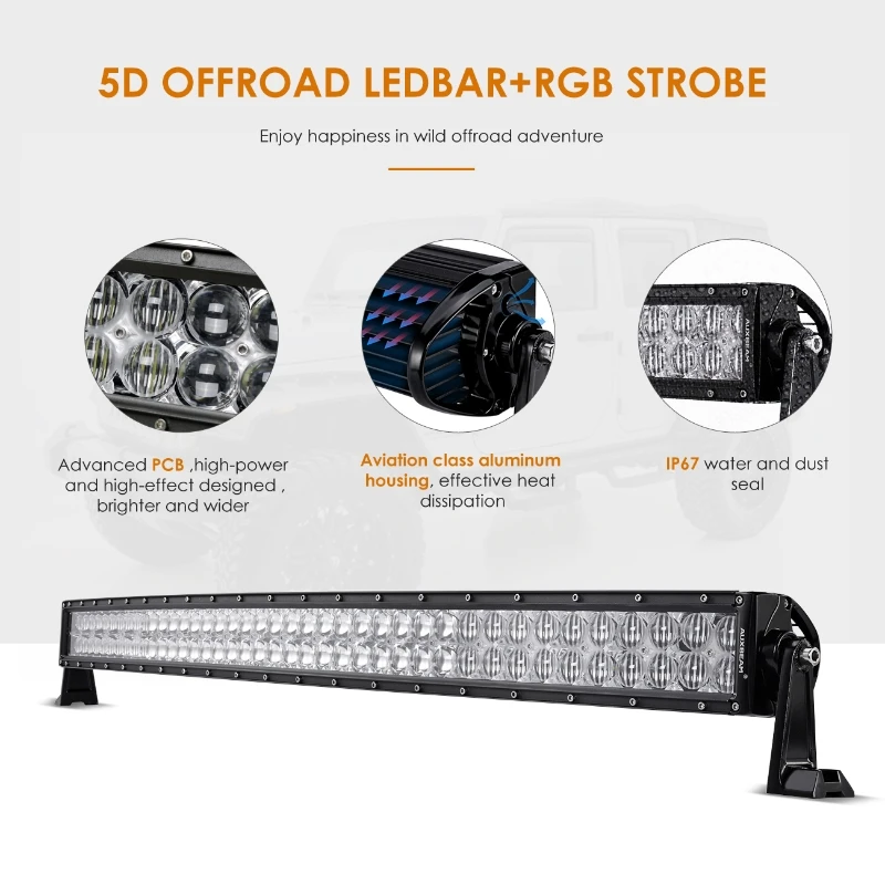 22/32/42/52 Inch Dual Row Curved/Straight RGBW LED Light Bar 5D Lens Offroad Driving Light Mounting Brackets With Wiring Harness