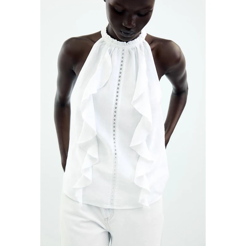 Verão novo feminino faion mistura de linho colarinho decorativo topo confortável solto ajuste svel redondo ne proteção uv