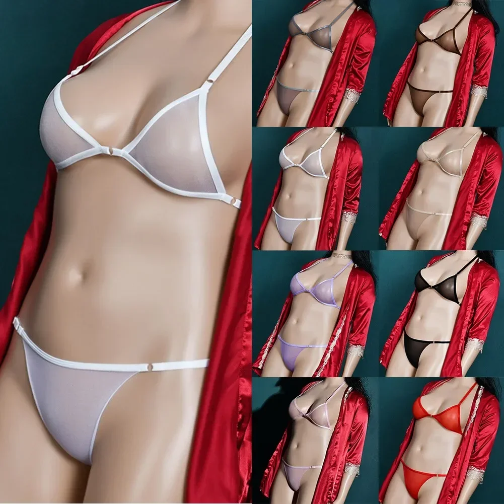 Conjuntos de bragas y sujetador de malla transparente para mujer, ropa interior de Bikini transparente fino sin forro, conjunto de lencería de malla transparente Sexy, traje de baño transparente A5