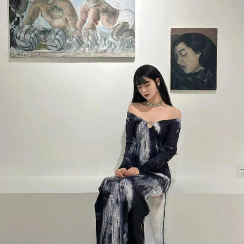 ชุดเดรสยาวแฟชั่นฤดูร้อนสำหรับผู้หญิง ดีไซน์หรูหรา ทันสมัย สไตล์เรโทร ลายมัดย้อม เซ็กซี่ รัดรูป ผ่าข้าง ตัดสี