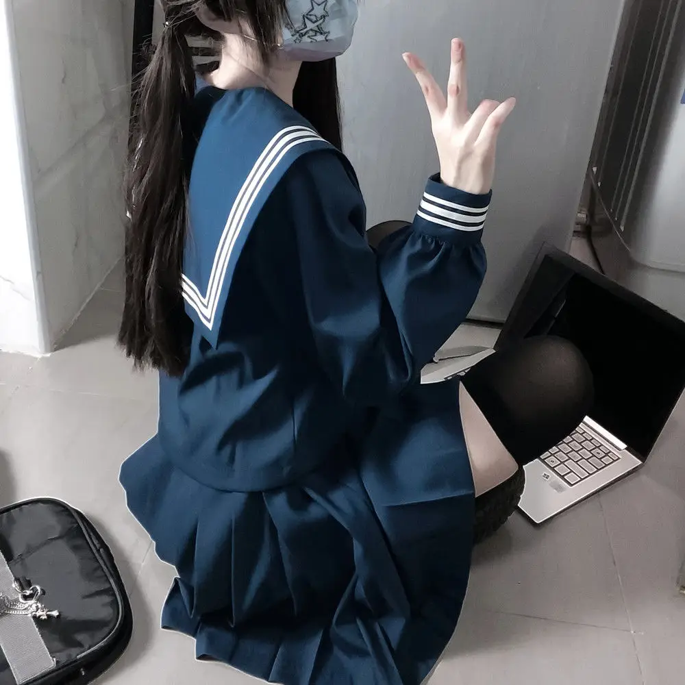 Japan Genuine School Uniform Girls Plus Size Blue Jk Suit Red Tie Basic Sailor Uniform Women Long Sleeve Suit