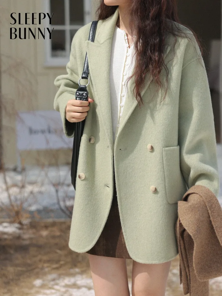 

Elegant Wool Double-Breasted Coat Warm Casual Overcoat Loose Sophisticated Vintage Outerwear for Women Autumn Winter Fashion