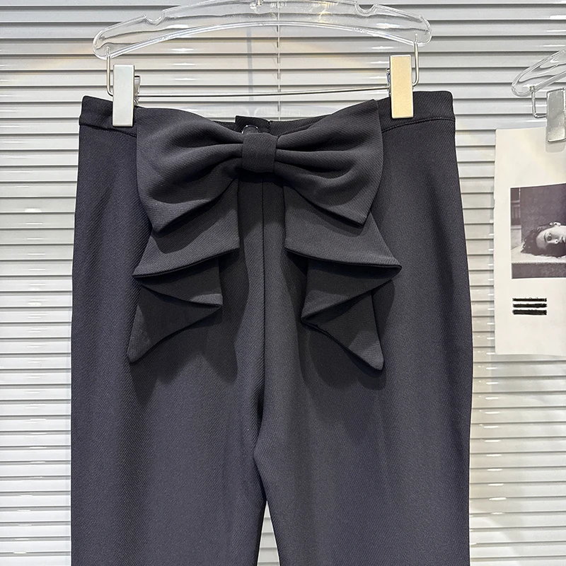 KBQ Solid Spliced Bowknots Slimming Pants for Women High Waist Temperament Chic Flare Trouser Female Fashion Autumn Style New