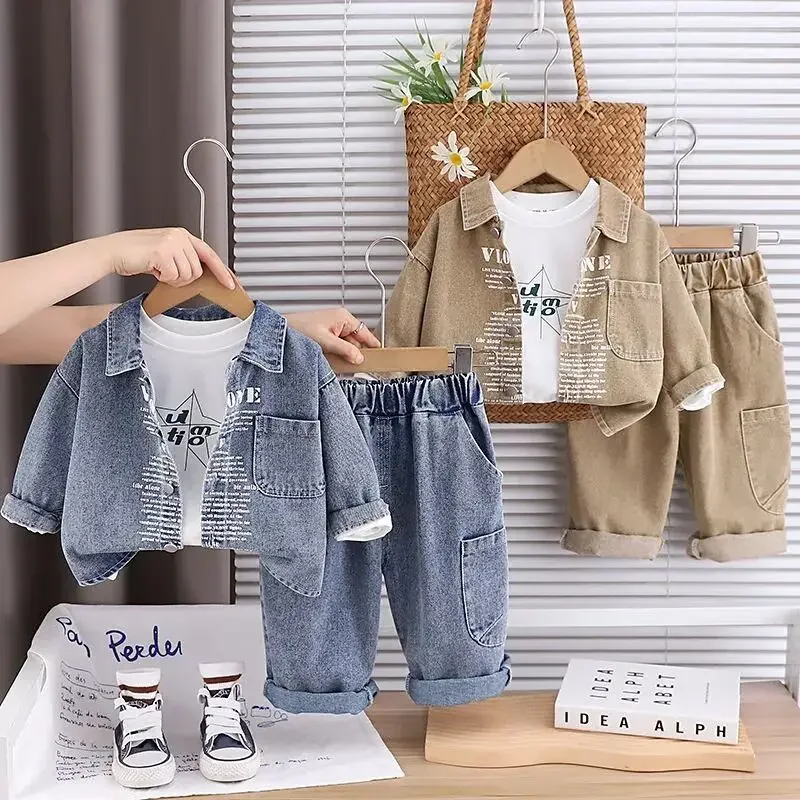 

Boys' Autumn Fashion Outfit Three-Piece Set Denim Jacket T-Shirt Jeans Children's Sportswear 2026 New Style