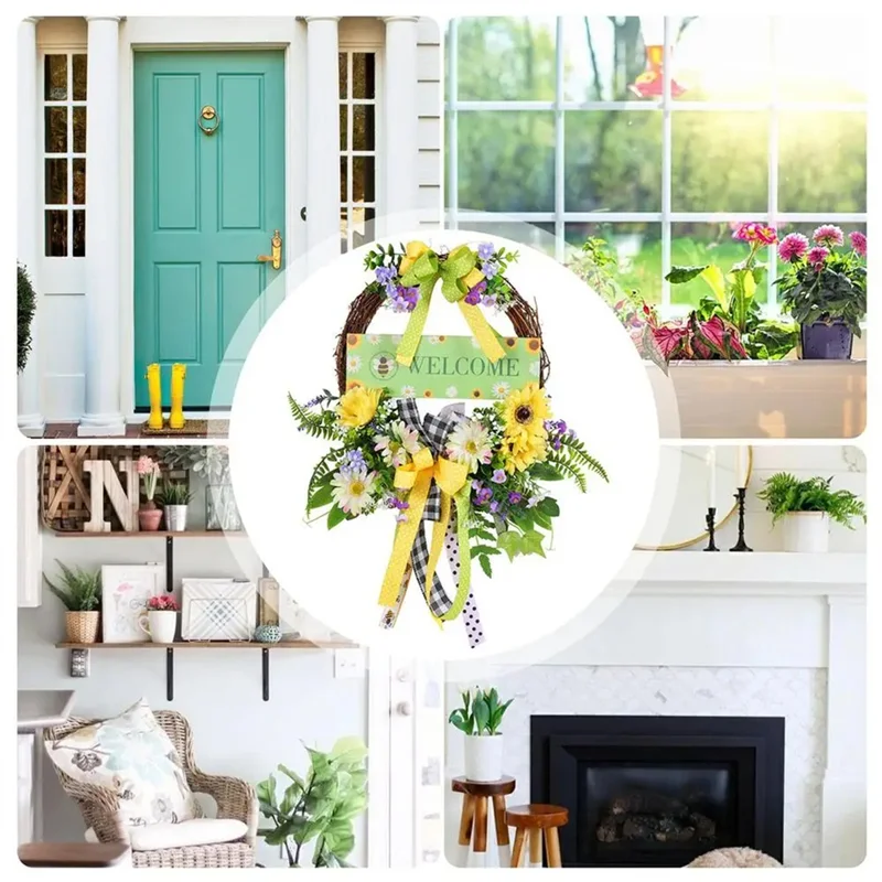 

Welcome Spring Wreath Welcome Sign Decorative Wreath With Bow And Flower Festival Decoration Outdoor Indoor Decor-B91B