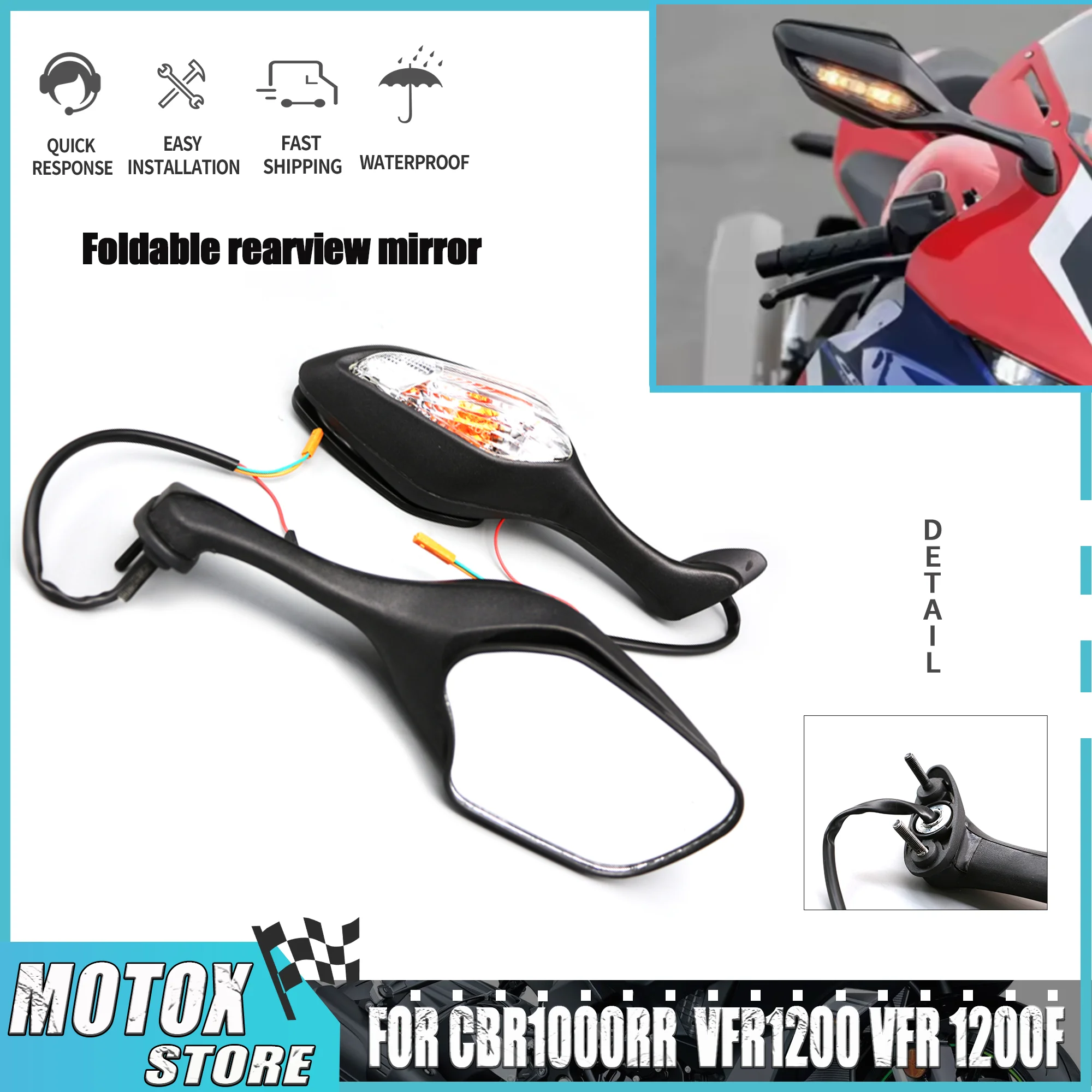 

For 2008 - 2016 Honda CBR1000RR CBR 1000RR 2010 - 2016 VFR1200 VFR 1200F Rotatable Motorcycle Rearview Turn Signal Side Mirror