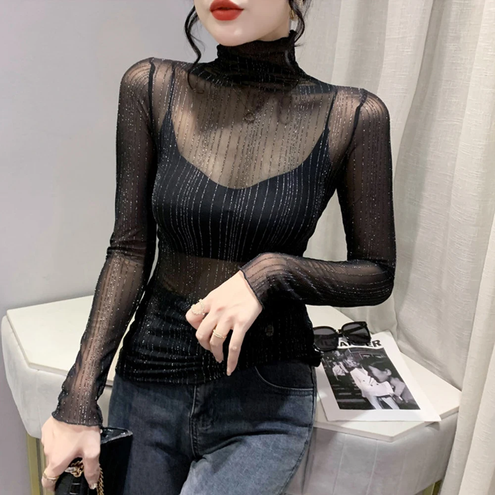 

Thin Female Blouse Shirt Transparent Mesh Shiny Tops Ladies Sexy Long Sleeve T-Shirt Women Black White Blue Apricot Color Top