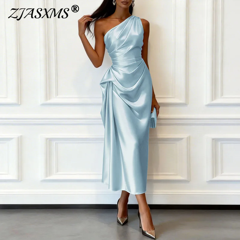 

Элегантное атласное коктейльное платье для женщин: весеннее, с асимметричным воротником, драпировкой на талии, длинное, без рукавов, на одно плечо, летнее