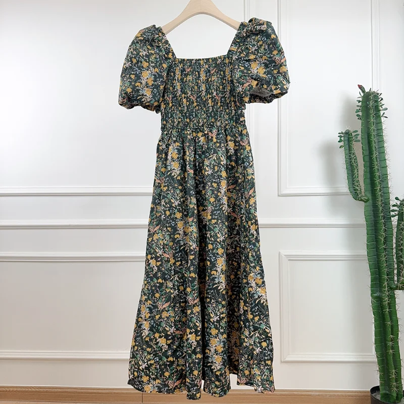 Primavera verão nova fragrância vestido longo moda feminina doce férias bohemia bolha manga curta vestido floral feminino