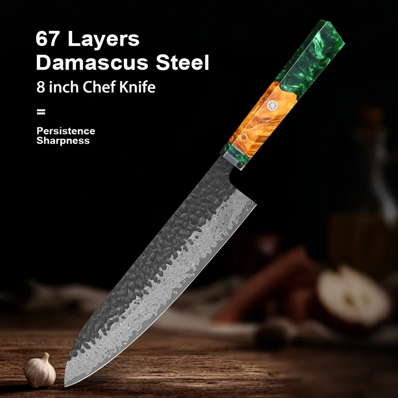 Cuchillo de chef profesional de 8 pulgadas hecho a mano con acero de Damasco, cuchillo de cocina japonés con mango de resina de madera para carne y verduras.