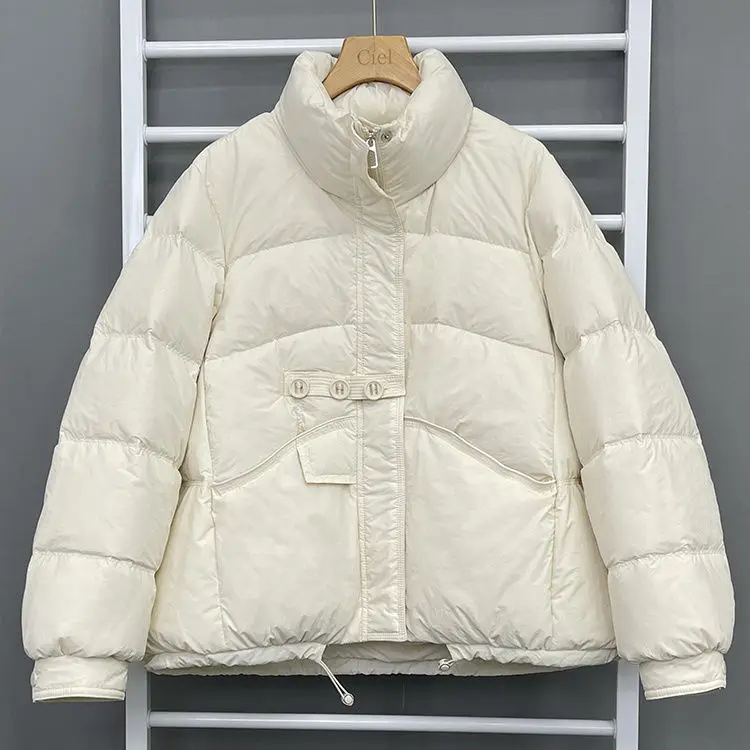 

Korean version loose white duck down down jacket short women's jacket 2025 warm three button stand up collar light and thin