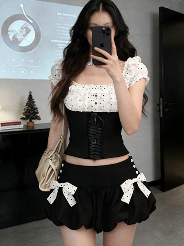 

Элегантный комплект из топа и юбки в горошек, женский летний новый дизайн, пышные брюки-бутоны, комплект из двух предметов с высокой талией и завязками