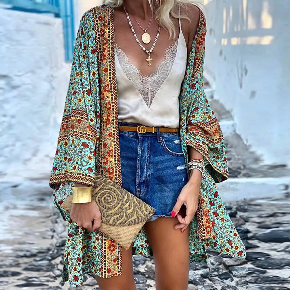 Women Open Stitch Cardigan 2024 New Bohemian Print Cardigan Holiday Kimono Vintage Loose Long Sleeve Mid Length Sunscreen Jacket