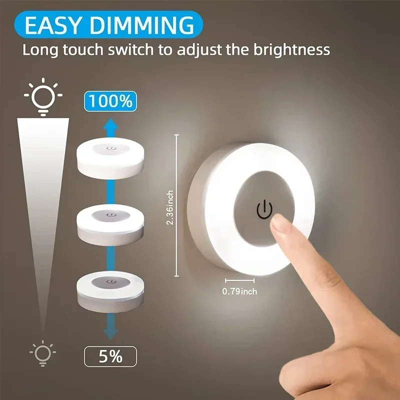 Mini led sensor de toque luzes da noite usb recarregável cozinha quarto base magnética luz parede redonda portátil escurecimento noite lâmpada