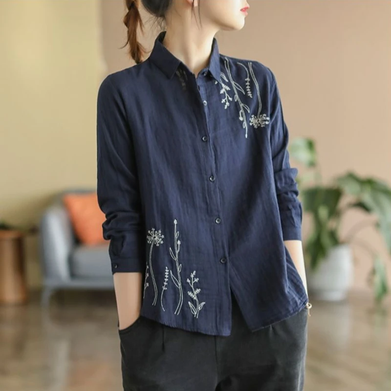 

Новая женская льняная хлопковая блузка свободного кроя с длинным рукавом, с цветочной вышивкой, простой богемный универсальный топ, весна 2026