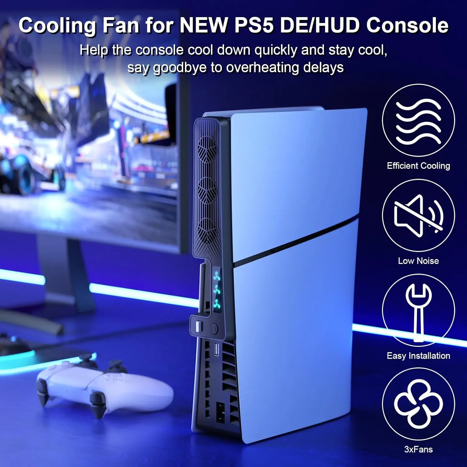 Ventola di raffreddamento sottile PS5 per Playstation 5 Slim Console Cooler con porta USB e 3 ventole regolabili silenziose a 9500 velocità, luce a