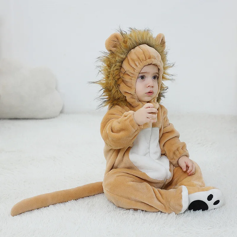 Winter Infant Romper Baby Boys Girls Flannel Cartoon Animal Lion Jumpsuit New Born Clothing Hooded Toddler Cute Baby Costume