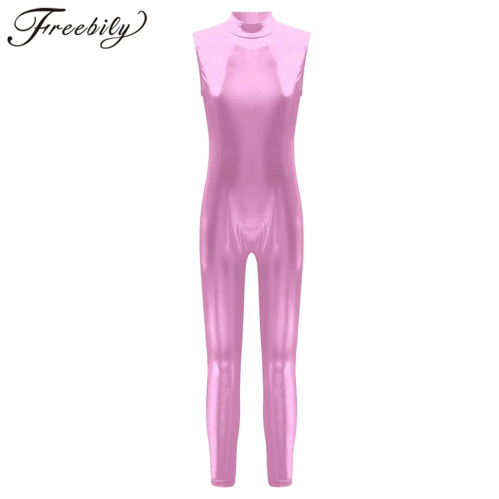 Kids Girls Metallic Full Body Jumpsuits Shiny Gymnastics Leotard Mock Neck Sleeveless Bodysuit Teens Jazz Performance Costume