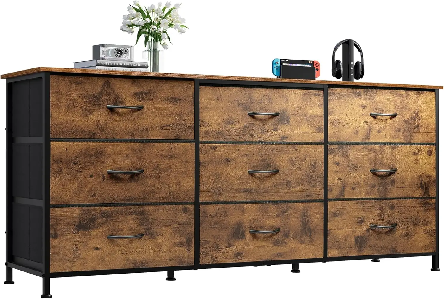 

54''W Dresser for Bedroom, Dresser TV Stand for 55, 60, 65 inch TV, Wide Chest of Drawers with 9 Drawer, Large Entertainment