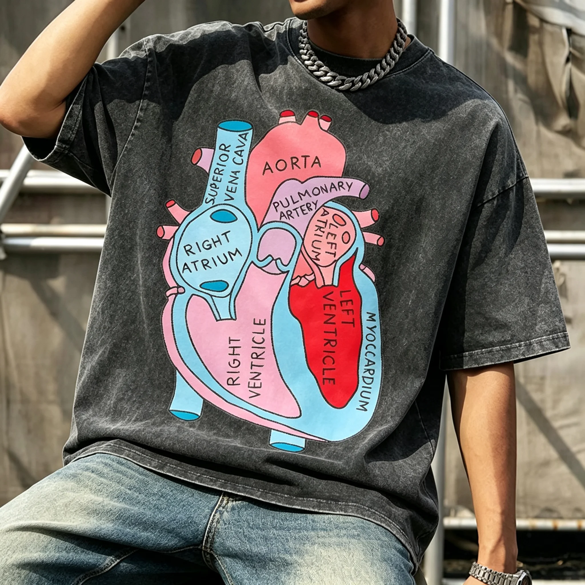 Vintage Washed Oversized T‑Shirt Human Heart Anatomy Print Short Sleeve Tee Men Women Casual Loose Streetwear Cotton Graphic Top