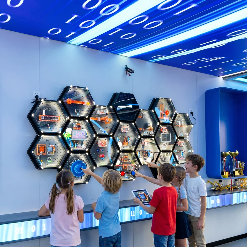 Weeemake Modular Educational STEM Learning Display Hexagonal RGB LED Smart Board AI Interactive Wall for K12 School Corridor