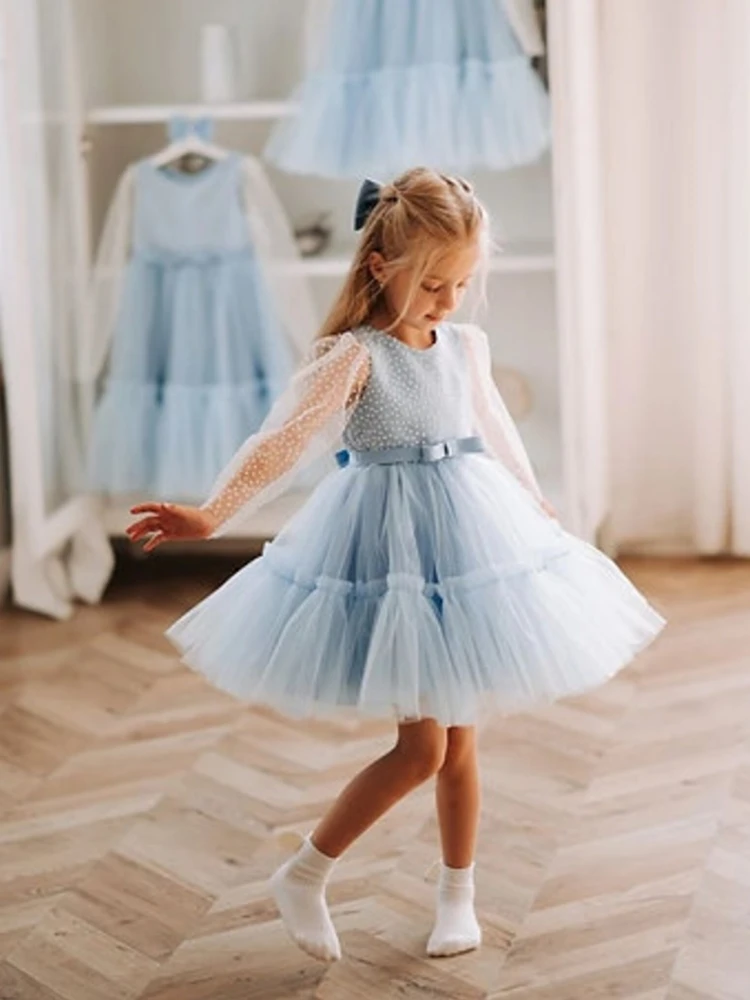 Flower Girl Dresses Sky Blue Tulle Polka Dot Top Bow Belt manica lunga per la festa di compleanno di nozze Pageant abiti da prima comunione