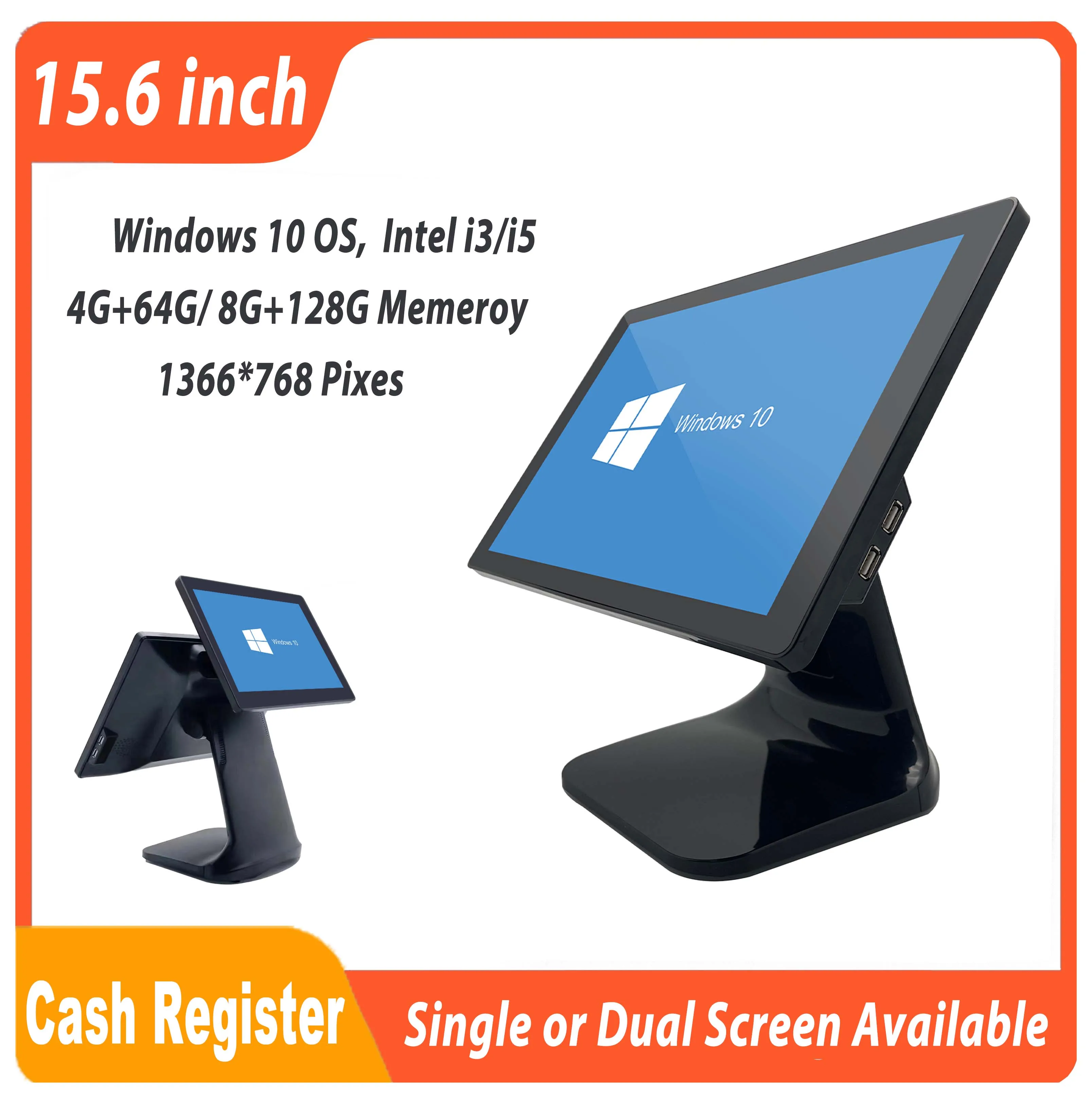 Slim 15.6 inch Windows POS Terminal, New Design Intel i3/i5 Touch Screen Cash Register, Food court Desktop ECR Payment Machines