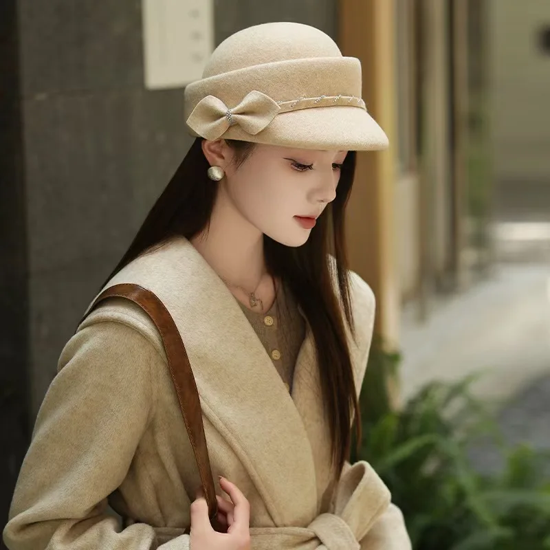 

Новая шапка, женский стиль, украшение с бантом, простая и модная женская стильная шляпа-горшок, зимняя шерстяная шапка