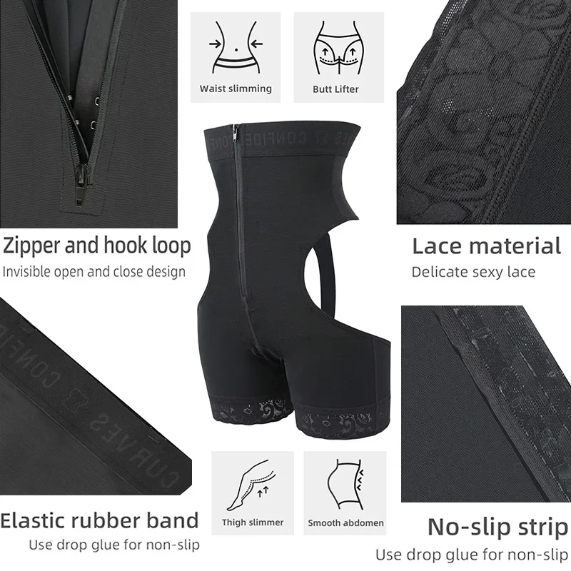 GUUDIA Zipper Hook Closure Hollow Out No-slip Strip Lace Elastic Rubber Band Tummy Control Butt Lifter Women Body Shaper Panties