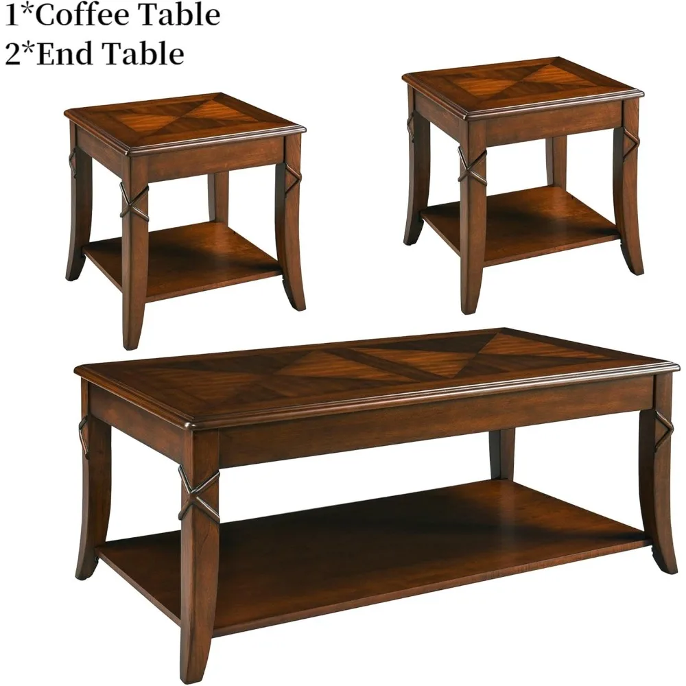 Coffee Table Set, 3-Piece Solid Wood Living Room Table Set, 1 Coffee Table with Storage Shelf and 2 End Tables, Cherry Walnut