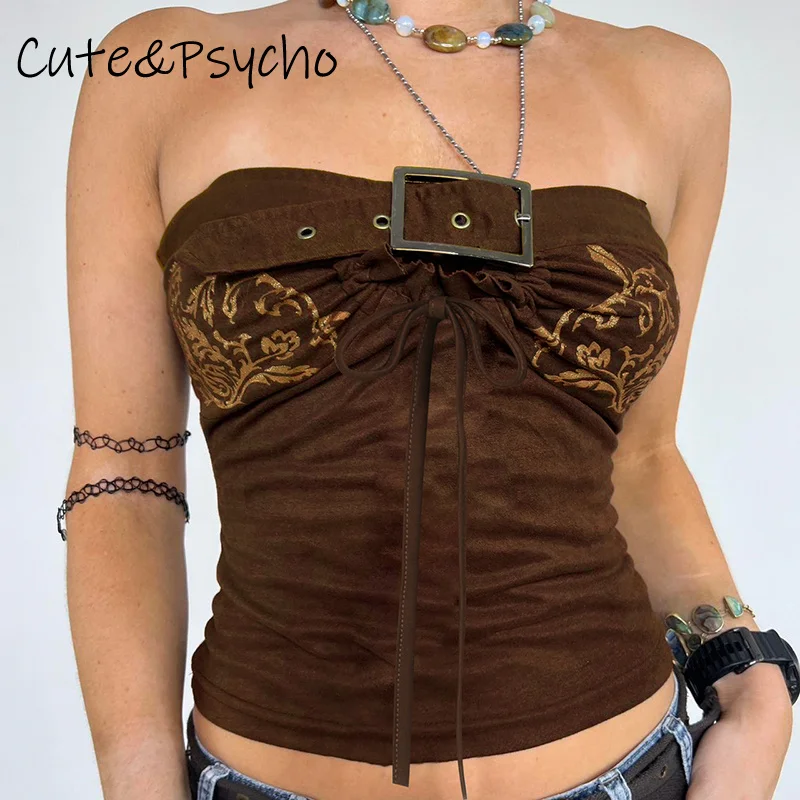 Cuteandpsycho Graphic Print Vintage Tube Tops Lace-up Aesthetic Retro Crop Brown Camisole Harajuku Chic Sexy Clubwear Clothes