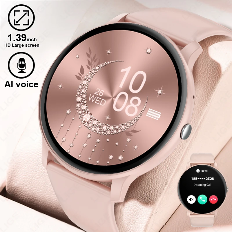 Montre Connectée Femme Sport – 1.32'' Appel Bluetooth, Cardio, Tension, Sommeil, Or Rose
