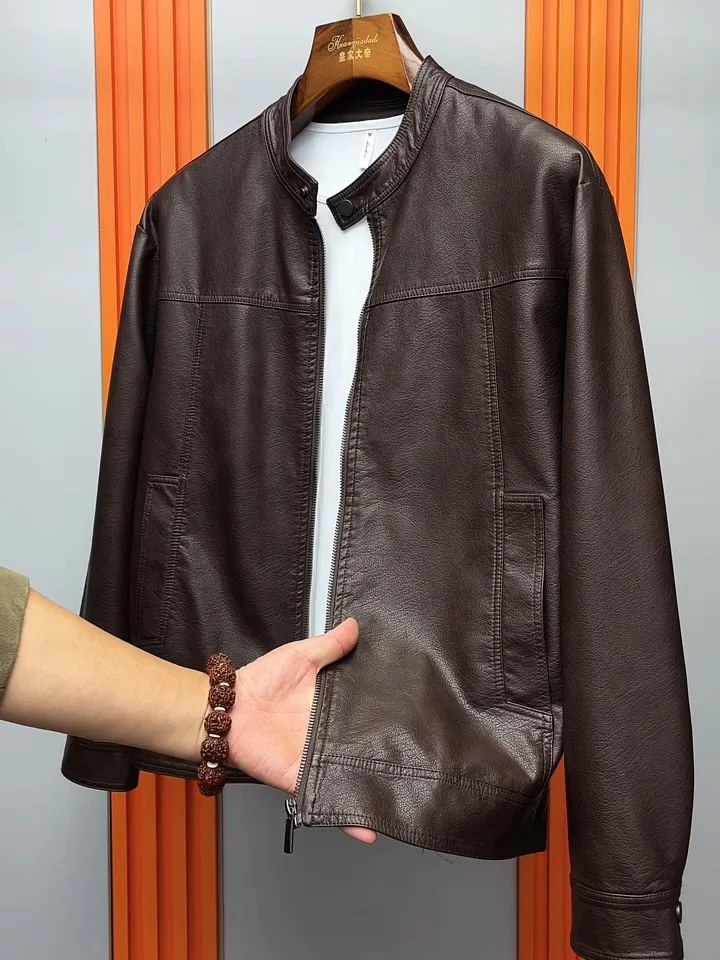 

Spring New Men's PU Leather Jaet Stand Collar Faionable Versatile High Quali Haome Outerwear Stand Fit Casual Sle