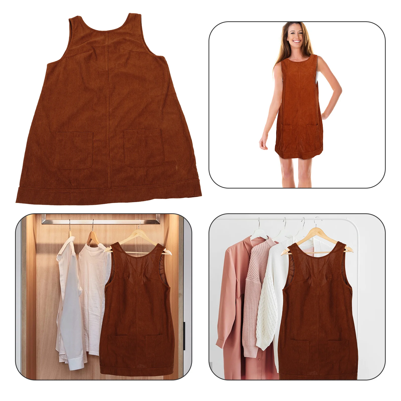 

Brown Sleeveless Corduroy Mini Dress Overall Dress Casual Vest with Pockets Size M Autumn Winter Corduroy for Women