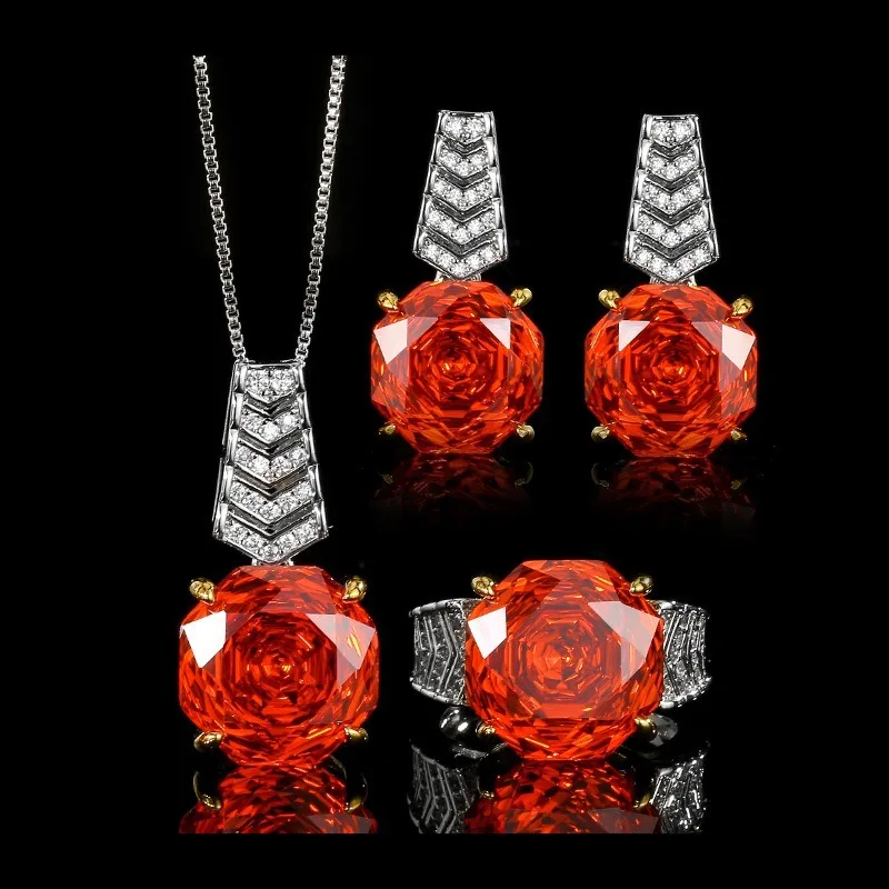 

2025 New Zhuang Shengsheng Jewelry Copper Bottom Gold-plated Rose Cut Orange Red Zirconium Temperament Light Luxury Set